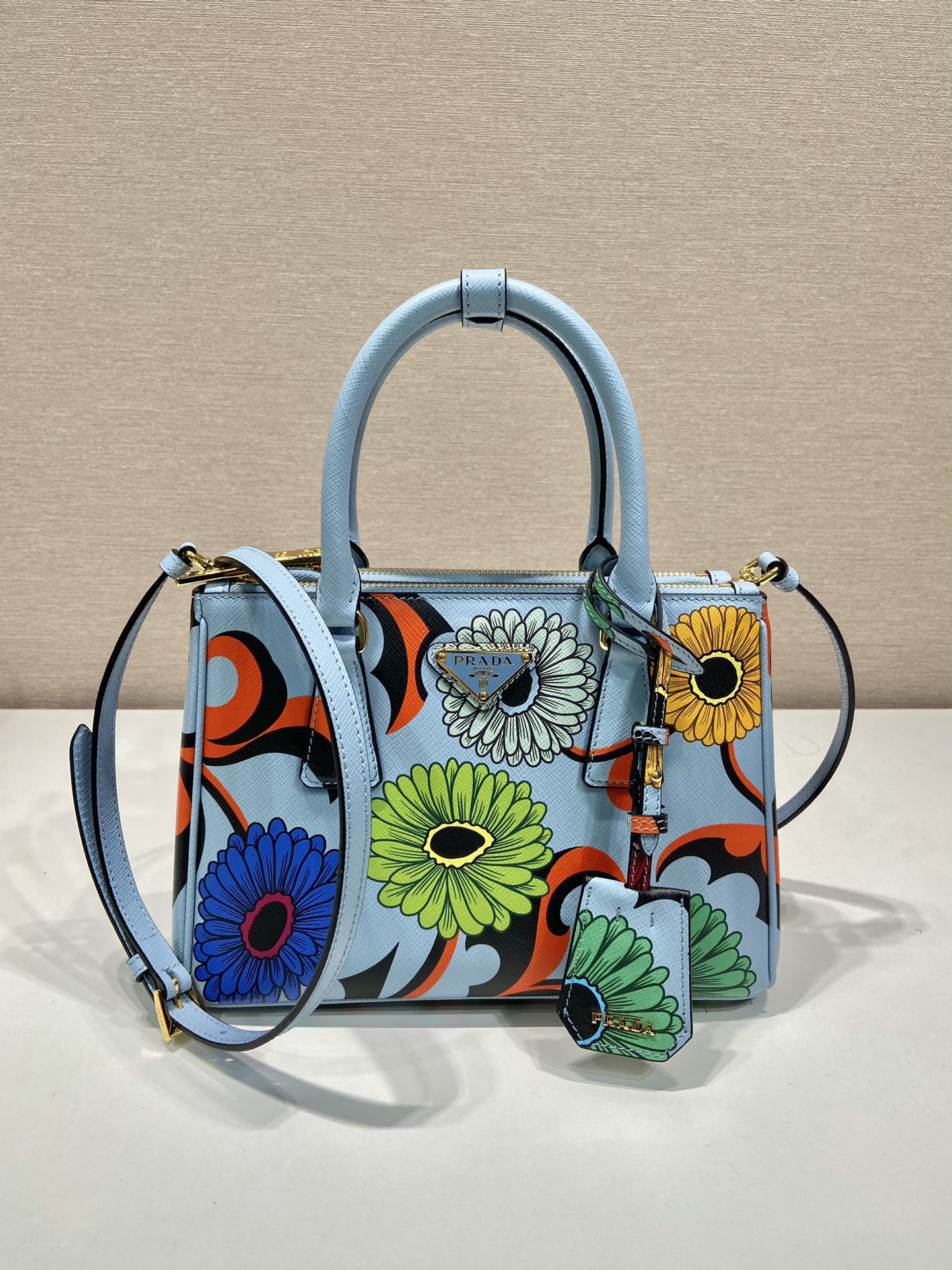 Prada Small Galleria Printed Saffiano Leather Bag Tote Shoulder Bag Blue 1BA896